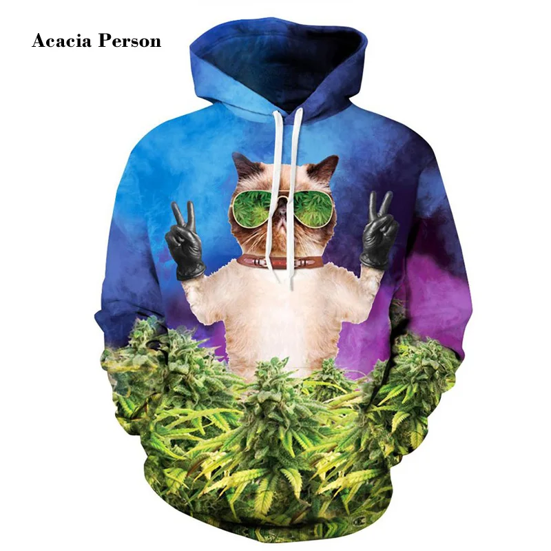 Hot Sell Men/Women Hoodies Hooded Sweatshirt Men Funny Print Meow Glasses Cat Leaves Cap Hoody Tracksuits | Мужская одежда