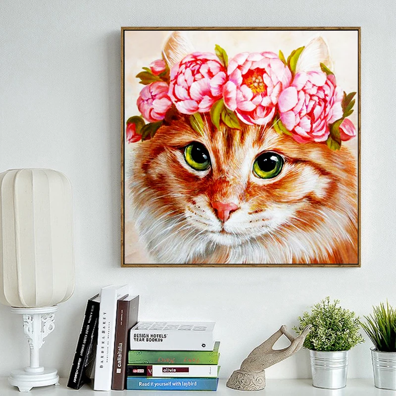 Diy 5D Diamond Painting Animal Full Round Mosaic Cat and Flower Embroidery Pattern Handmade Gift | Дом и сад