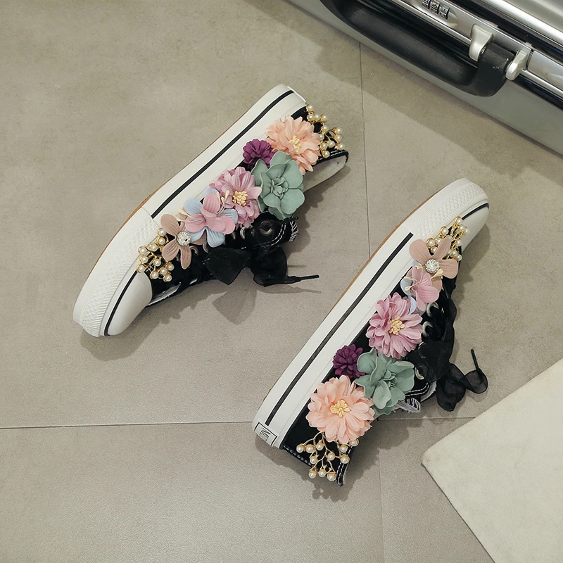 2019 fashion appliques flowers casual shoes ladies flats canvas woman sneakers white black walking MS-108 | Обувь
