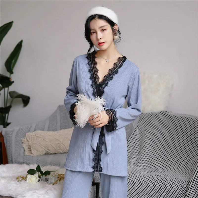 

BZEL Autumn Winter Sexy Pajama Sets Long Sleeve Female Sleepwear Cotton Home Wears 3 Piece Suit Cotton Underwear V-neck Pyjamas