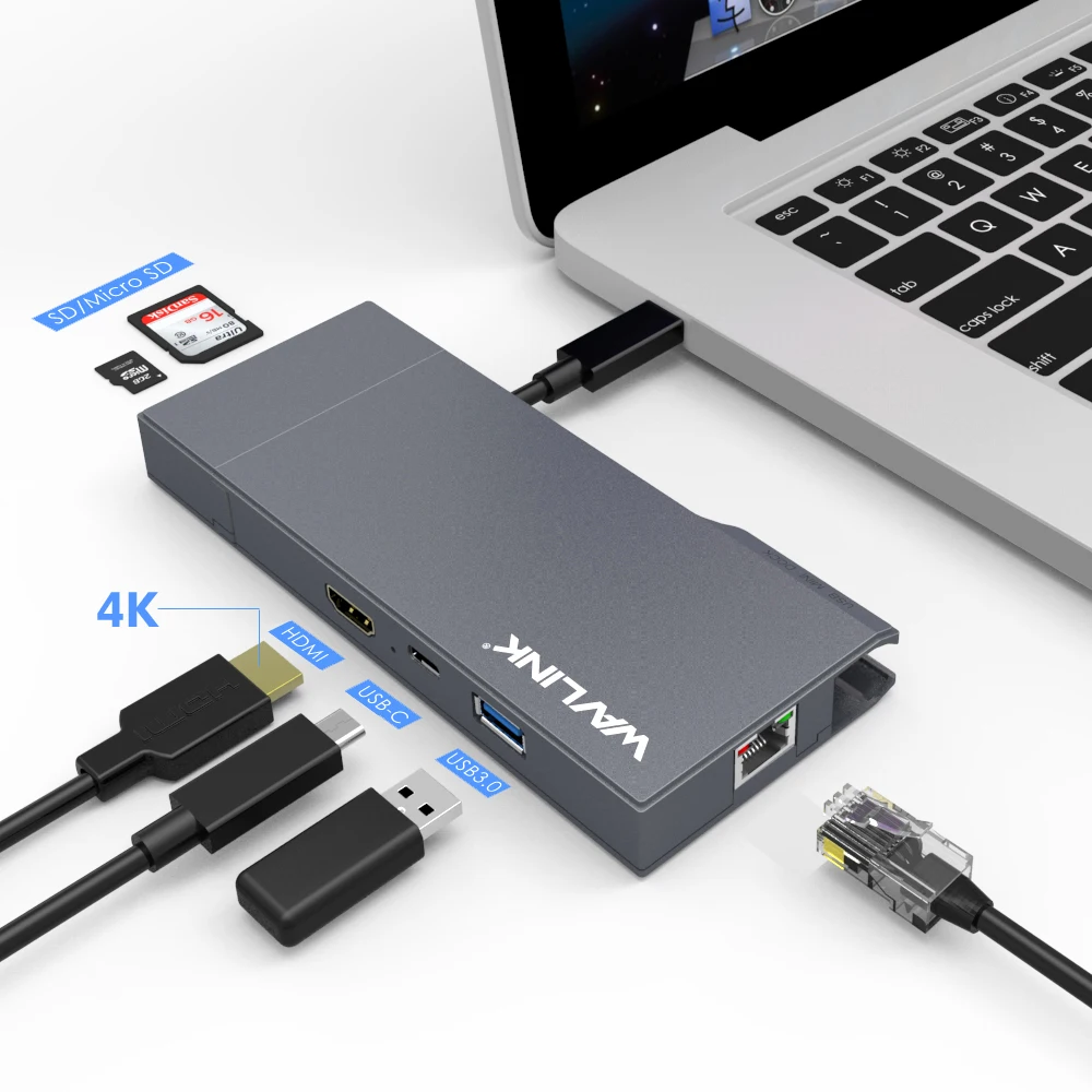 Wavlink Супер Скоростной USB C концентратор с 4K@ 30Hz HDMI кард-ридер USB 3,0 хаб гигабит Ethernet 4K HD Выход 1080P зеркало расширенный экран