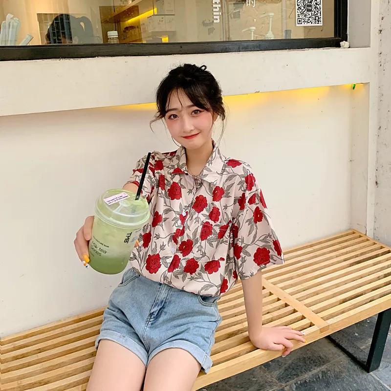 2019 женская летняя Свободная шифоновая блуза рубашки короткий рукав цветочный