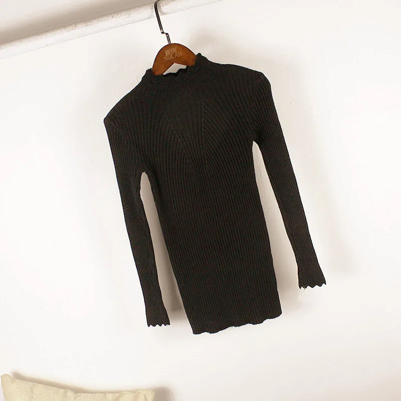 2021 Slim Knitted Sweater Woman Black White Khaki Ruffles Collar Jumpers Autumn Winter Tops | Женская одежда