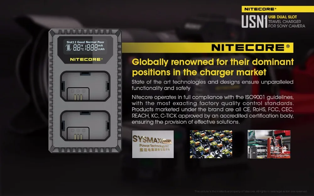 Nitecore USN1 цифровой двойной слот для путешествий зарядное устройство для камеры для sony NP-FW50 батареи, совместимые с a7r2, a7m2, a7, a6300, a6500