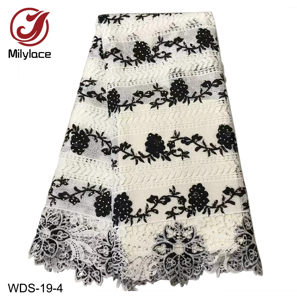 

Milylace African guipure lace fabric 5 yards delicate floral with rhinestones mixed-color lace fabric for party dresses WDS-19
