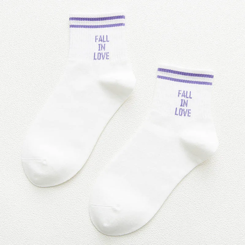 [COSPLACOOL] «FALL IN LOVE»/носки до щиколотки в стиле Харадзюку с надписью; японские креативные забавные Женские носочки; теплые уличные белые носки; Calcetines - Цвет: Purple Socks