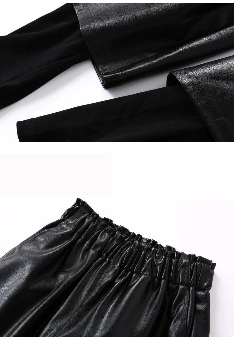 ELFSACK осенние брюки костюмы, искусственная кожа короткие и леггинсы, черные повседневные свободные женские широкие брюки