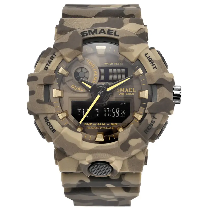 Khaki Новые камуфляжные военные часы SMAEL Брендовые спортивные часы светодиодный кварцевые часы мужские спортивные наручные часы 8001 мужские армейские водонепроницаемые часы - Цвет: Khaki