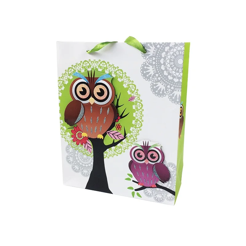 

20Pcs/lot High-quality Paper Bags Multi-function With Ribbon Handle 3D Owl Print Recyclable Environment-friendly Bags 26*12*32cm