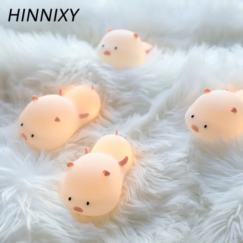 Hinnixy Милая свинья Ночник детская прикроватная LED ГРМ розовый синий красочные USB