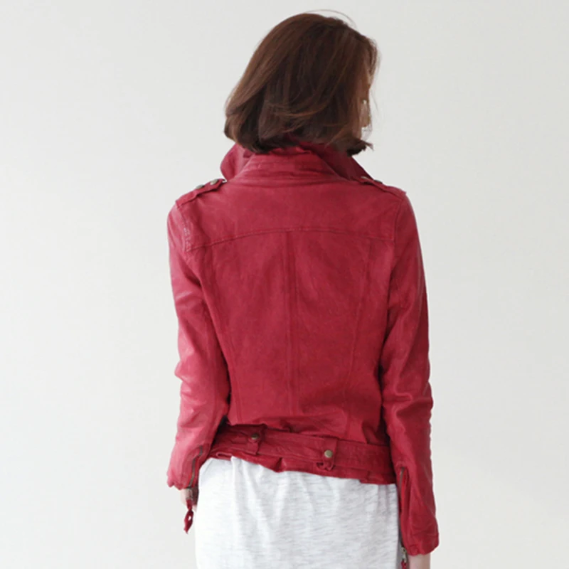 Женские короткие кожаные куртки винно красная овечья кожа мотоциклетная одежда