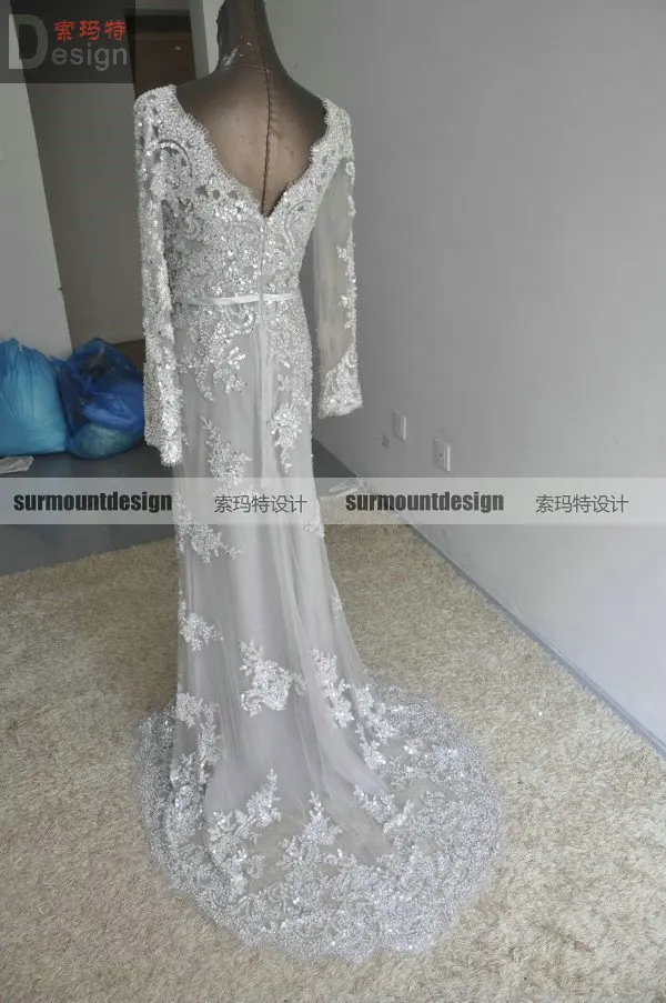 Elie Saab New Style 100% Real Gray Slit Long Sleeve Heavy Beaded Floor-Length Prom/ Evening Dress | Свадьбы и торжества