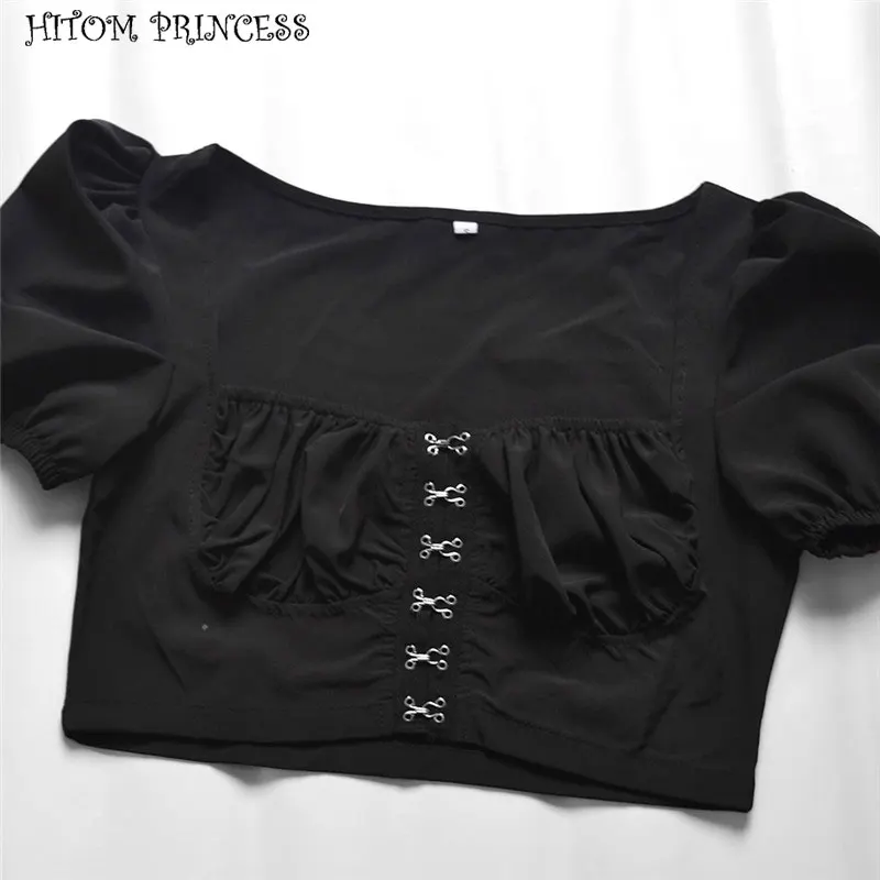 HITOM принцесса квадратный воротник крючки Женские топы с пышными рукавами