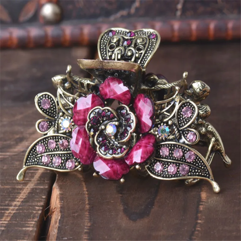 Fashion Women 5 Color Flowers Big Hair Claws Ancient Gold Alloy Rhinestone Resin Vintage Hairpin Wedding Hair Accessories Gifts