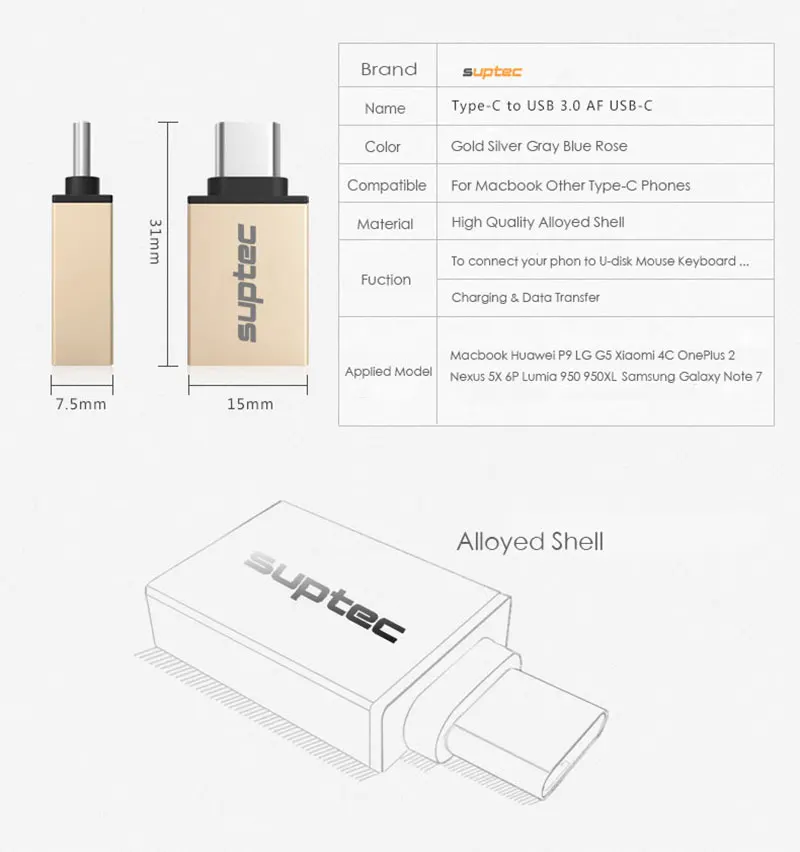 Suptec Тип USB-C мужчина к USB 3.0 Тип c OTG адаптер конвертер USB C разъем для MacBook Samsung S8 oneplus 3 Huawei P10 Meizu