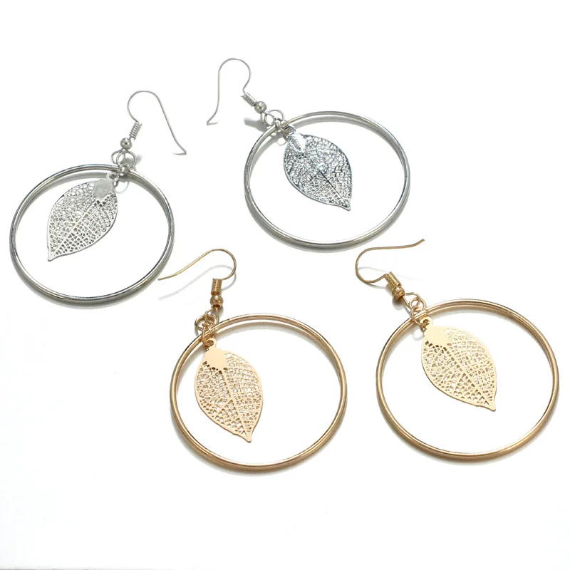 Crazy Feng Gold Silver Color Trendy Earrings Circle With Hollow Leaf Boho Boucles d'oreilles Femmes Brincos Exaggerated Jewelry |