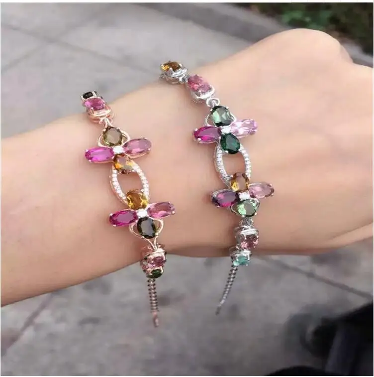 Chain bracelet Free shipping Natural and real tourmaline 925 sterling silver Fine jewelry gems 4*6mm 12pcs | Украшения и