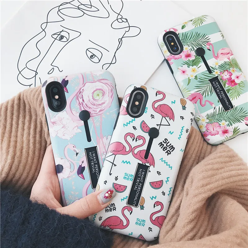 JiBan Fashion Flamingo Case For iPhone X Cover Cute Pink Vintage Soft Finger Ring Animal Back Phone Shell 6s 7 8 plus |