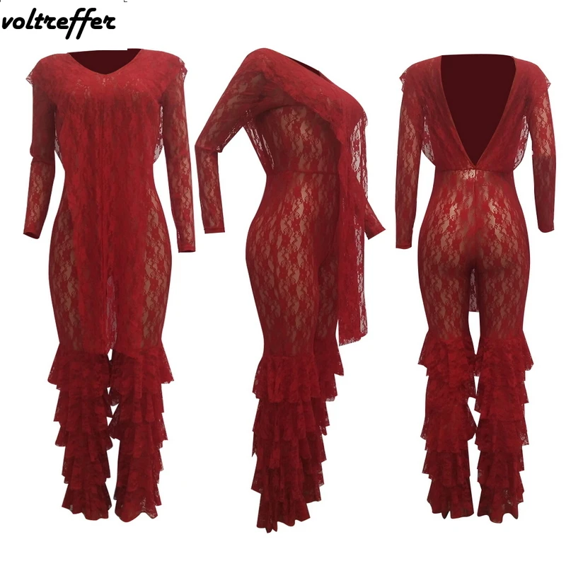 2019 Spring V Neck Lace Jumpsuits For Women Ruffles Bell Bottom Pants Crochet Sheer Backless Rompers Sexy Lantern Mono Mujer | Женская