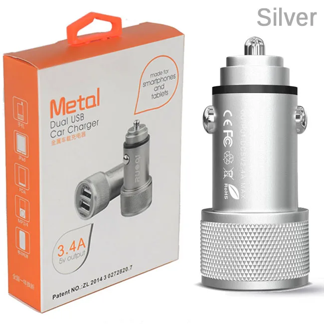 Silver with box Автомобильное зарядное устройство QC 3,0 с двумя usb-портами A для мобильного телефона, 2 USB, быстрое автомобильное зарядное устройство для iPhone, Xiaomi, быстрое металлическое автомобильное зарядное устройство - Тип штекера: Silver with box