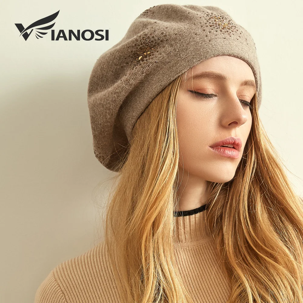 VIANOSI, шерстяной берет, женские зимние шапки для женщин, плоская шапка, вязаные кашемировые шапки, женские береты, шапка для женщин - Цвет: Хаки