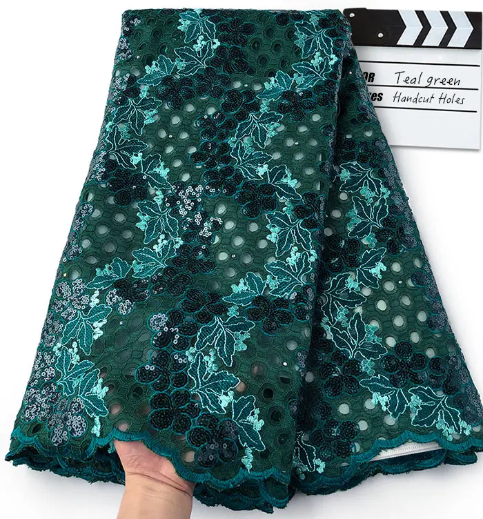 Teal green 5 ярдов блестящее французское кружево с вышивкой большие отверстия африканский тюль ткань уникальный нигерийский вечернее платье высокого качества - Цвет: Teal green