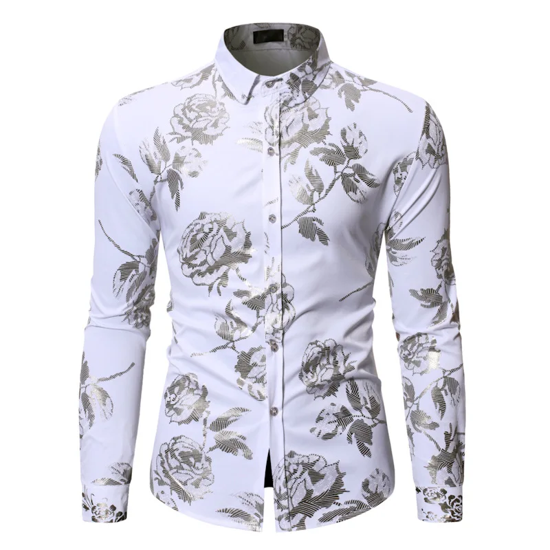 Мужские Блестящие Серебряные Роза фольга Slim Fit вечернее платье с длинным рукавом