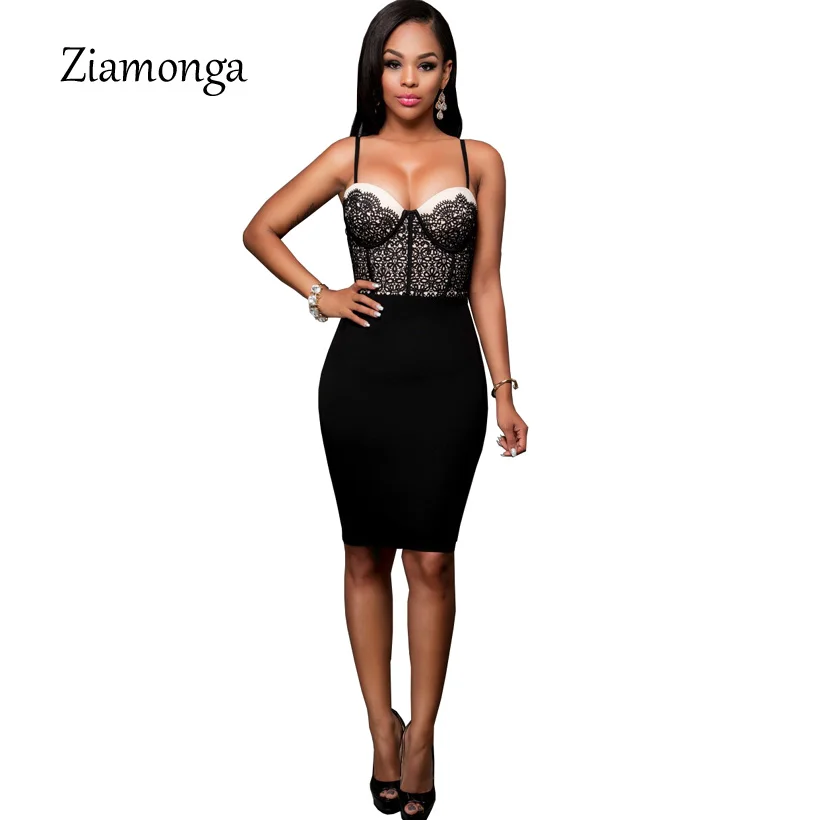 Ziamonga Элегантный оболочка Sexy Кружевное платье миди Для женщин без бретелек без рукавов Лето Bodycon платье черные повязки для ночного клуба вечерние платье