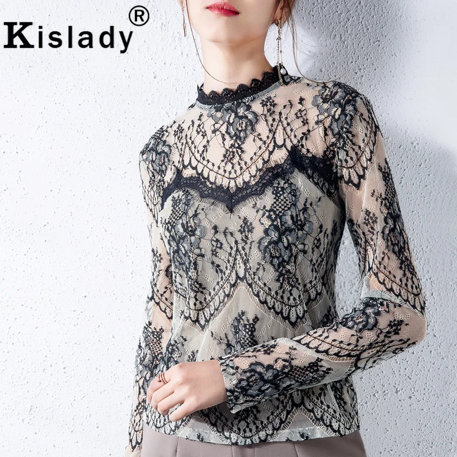 Кружевная блузка kisady кружевная с длинным рукавом в стиле пэтчворк прозрачный топ