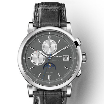 KAREBO Triple Windows Automatic Self-Hand Wind Mens Fashion Business Wristwatch Watch - Silver Case Grey Dial-111113