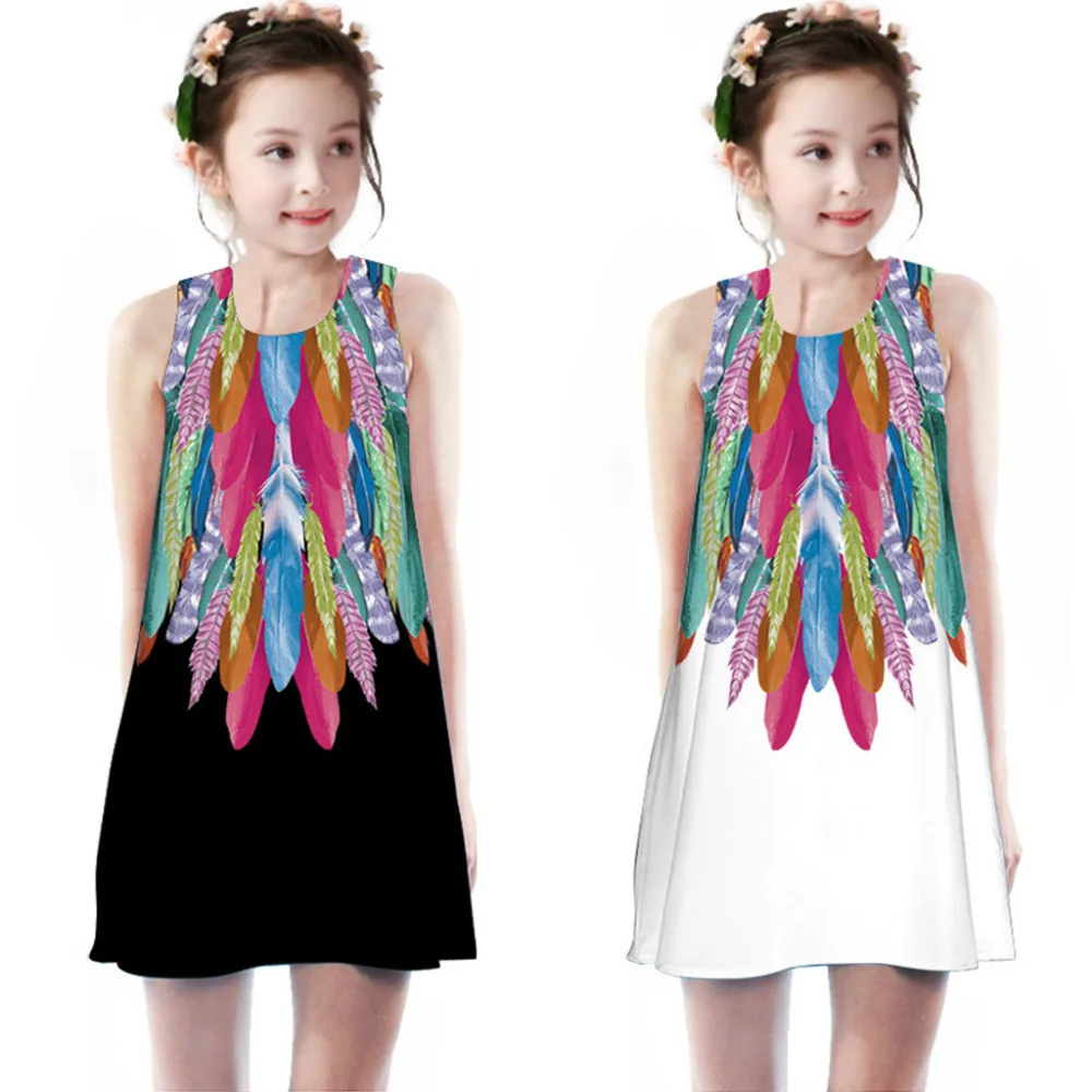 Летнее платье для девочек-подростков детское без рукавов с 3D перьями платья