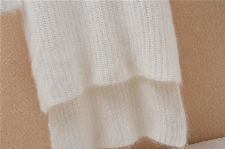 Elegant fashion women winter white long small size slim plush angora rabbit fur o-neck sleeves pullover sweater knit dress | Женская