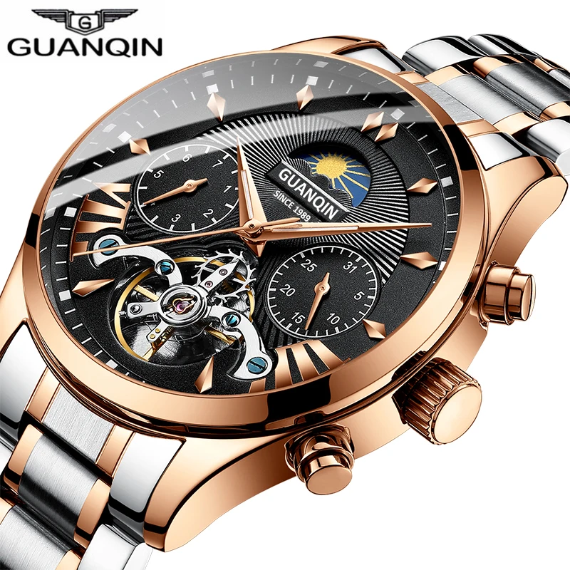 

Мужские автоматические механические часы Tourbillon, водонепроницаемые часы из нержавеющей стали черного, розового золота, 50 м, 2019