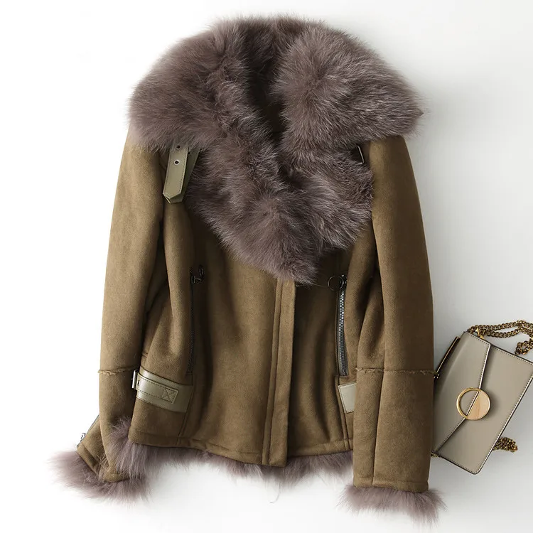 Olive green AYUNSUE роскошный большой натуральный Лисий мех воротник замша кожаная куртка модное короткое теплое зимнее пальто для женщин chaqueta mujer WYQ1543 - Цвет: Olive green