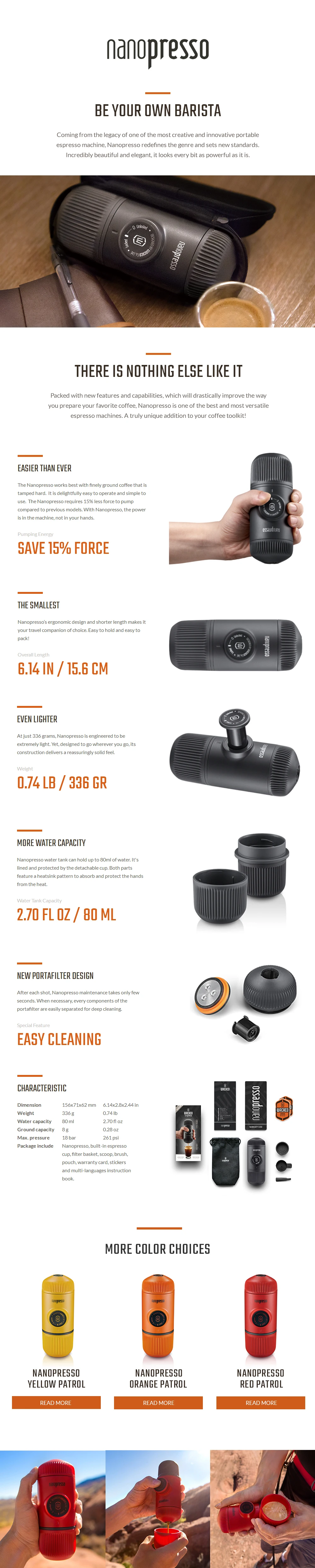 Wacaco Nanopresso портативная Эспрессо-машина, обновленная версия Minipresso, давление 18 бар, дополнительная небольшая дорожная кофеварка