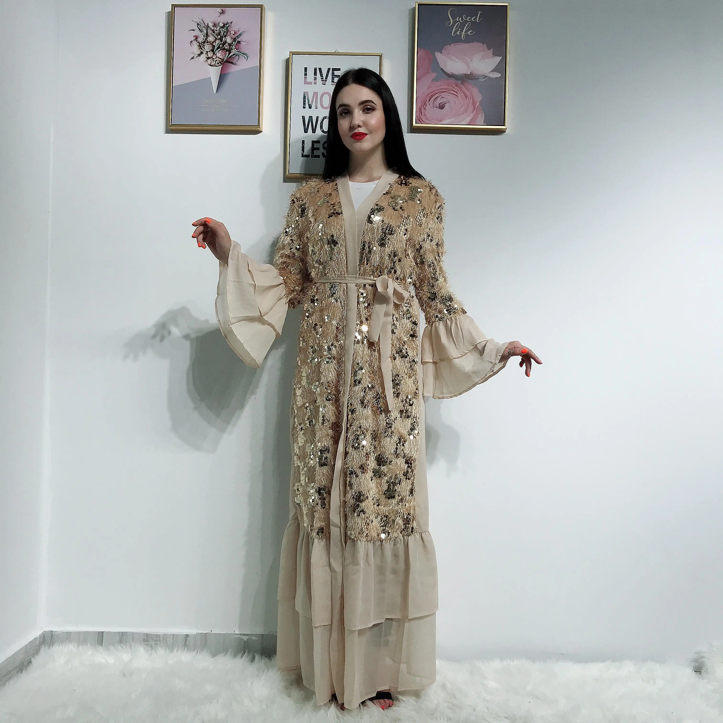 

Kimono Sequin Abaya Dubai Women Open Jilbab Kaftan Muslim Long Cardigan Dresses Flare Sleeve With Belt Turkish Long Sleeve Robe