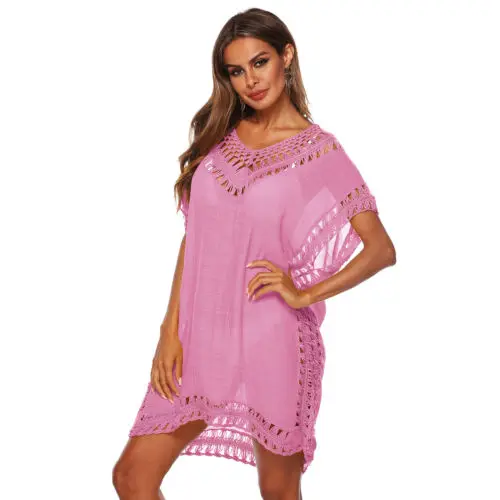 

Womens Solid Hollow Loose Beachwear Swimwear Bikini Beach Wear Lace Cover Up AU