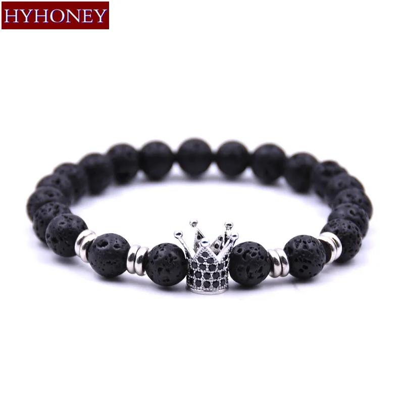 HYHONEY микро паве Цирконий CZ Корона очаровательные браслеты черная лава