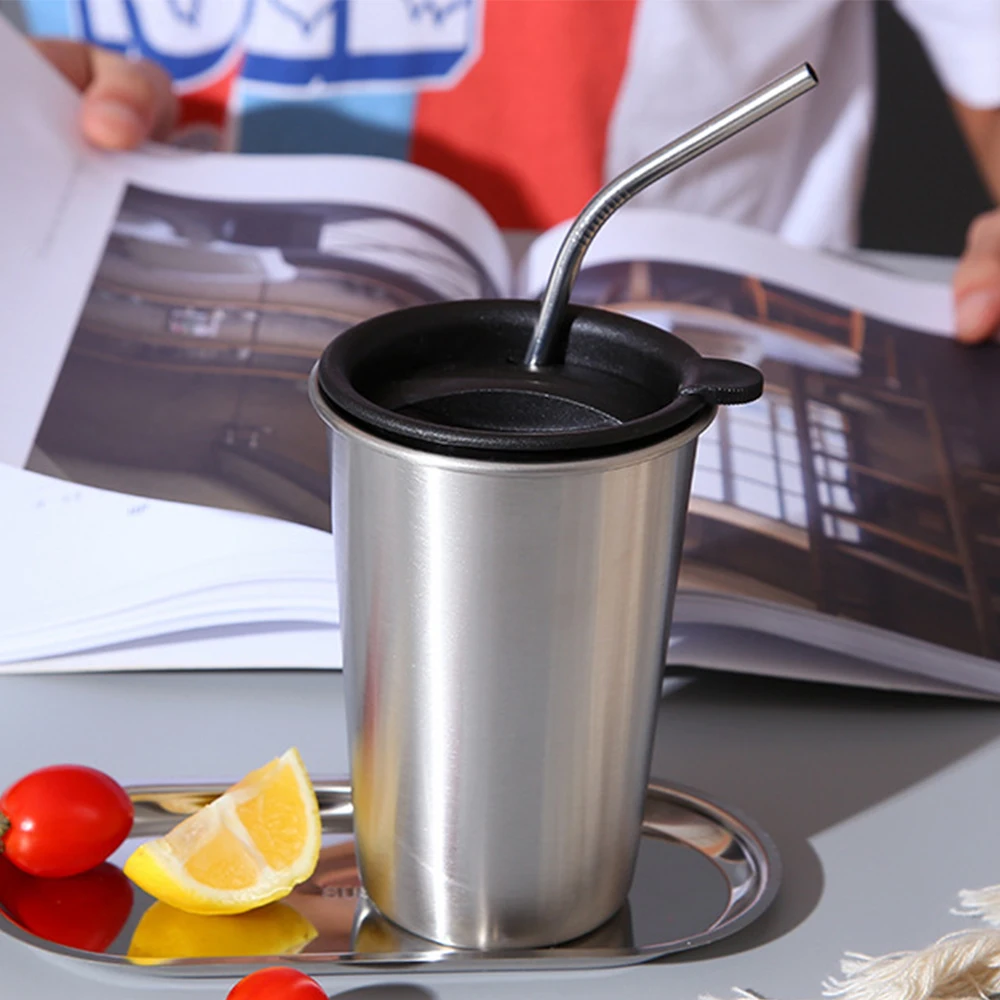 Кофейная кружка 500 мл из нержавеющей стали с соломенной крышкой пивная для чая