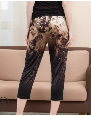 

The new summer 2020 printed silk knitting haroun pants Female waist leisure leggings nine minutes of pants 100% mulberry silk