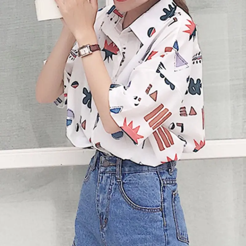 Harajuku White Shirt Women Korean Street Blouses Chic Print Summer Tops School Girl Loose Plus Size Office Ladies Casual Shirts |