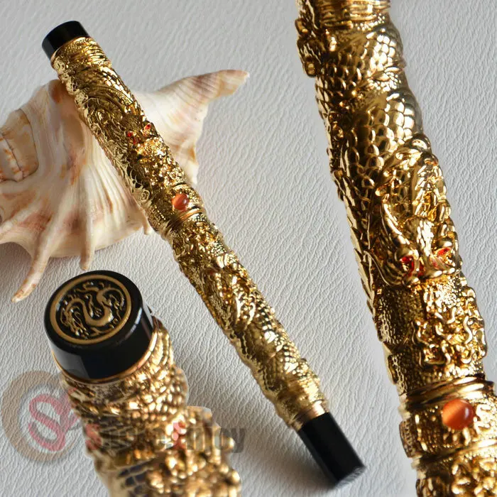 Перьевая ручка JINHAO GOLDEN TWO DRAGON PLAY PEARL 18KGP с тонким наконечником и кристаллом|pen light|pen