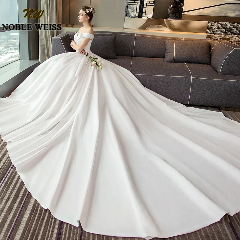 NOBLE WEISS Luxury Satin White Wedding Dresses A-line Long Court Train Bridal Gowns With Sexy Off the Shoulder Vestido De Novias | Свадьбы и