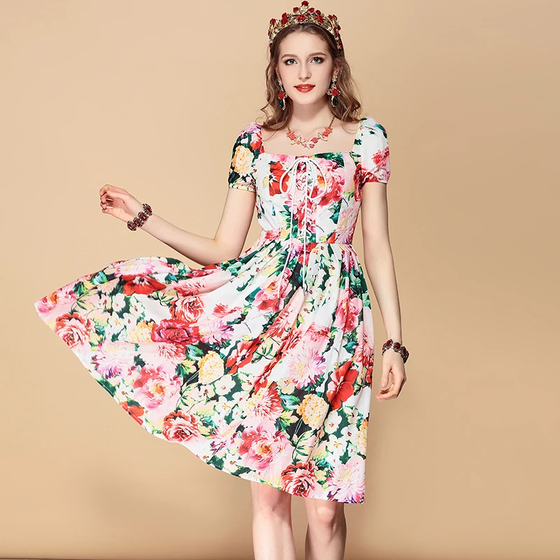 Baogarret 2019 Fashion Runway Summer Dress Women's Belted Floral Print Casual Holidays Party Slim Midi Elegant | Женская одежда