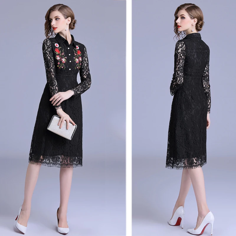 Trytree Лето Осень Повседневная вышивка рубашка платье кружево полиэстер кнопка