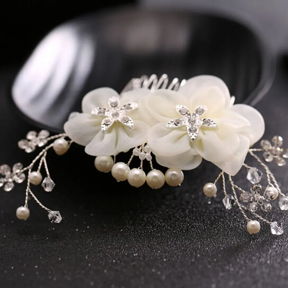 Luxury Bridal Hair Accessories Wedding Hair Comb Silver-Tone Rhinestone Artificial Flower Hair Comb Wedding Headpiece