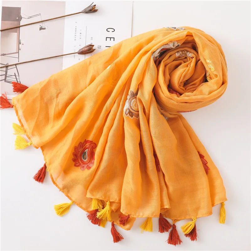 Yishine народный дизайн Оранжевый Элегантный рисунок кешью с кисточкой Hijabs женские