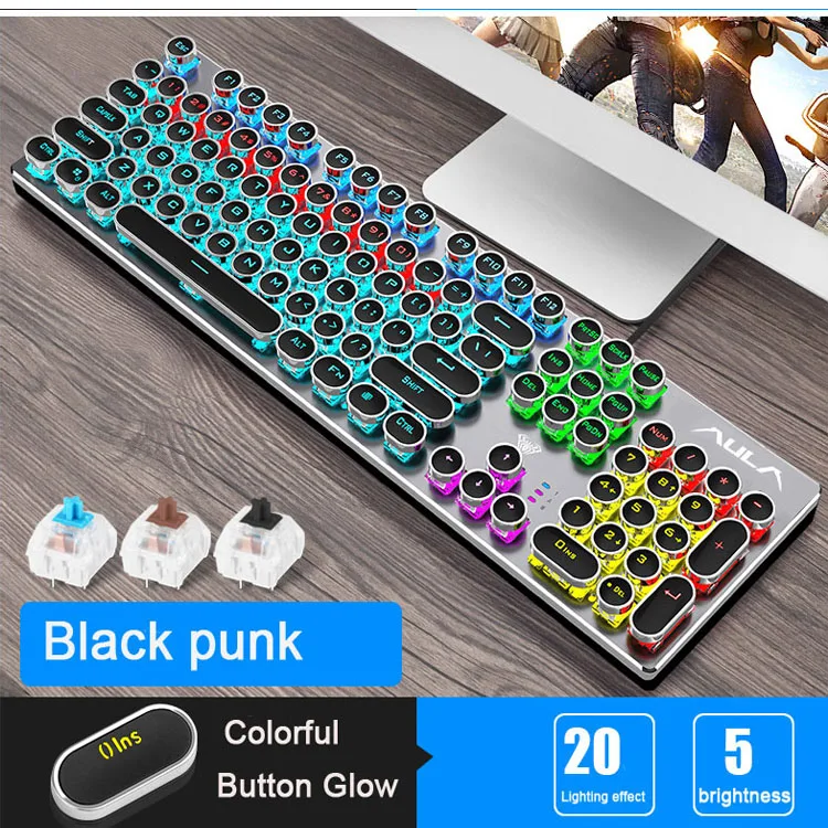 Punk black Стимпанк игровая механическая клавиатура металлическая панель круглая Ретро клавиатура с подсветкой Проводная компьютерная периферийная система для настольного ноутбука - Цвет: Punk black
