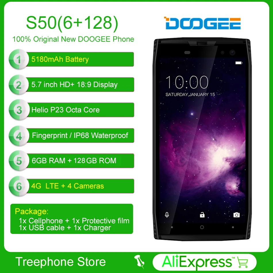 DOOGEE S50 6 ГБ + 128 IP68 смартфон MTK6763T 2 5 ГГц Octa Core Android 7 1 4 камеры 7&quot HD 18:9 Экран 5180 мАч