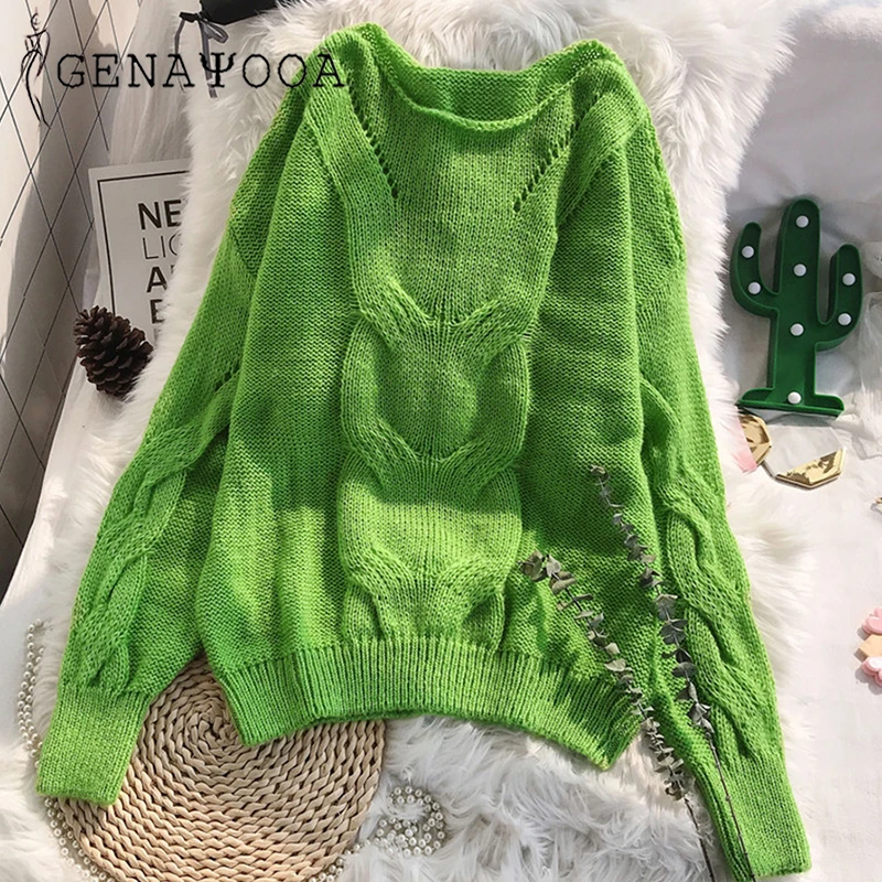 Genayooa Loose Autumn Knitting Sweater Pullovers Women Long Sleeve Ladies Sexy Jumpers Soft Hollow Out Sweater Woman Winter